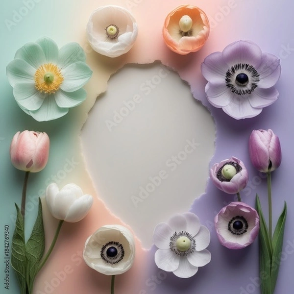 Fototapeta Floral wreath digital illustration with blank center for greeting card design