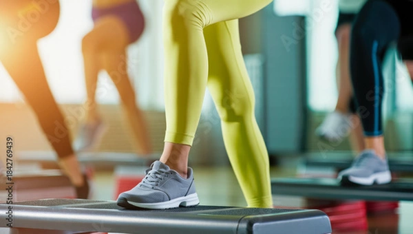 Fototapeta Close-up of a woman’s legs in bright leggings stepping onto a fitness platform during a group workout in a modern gym with soft light and dynamic motion