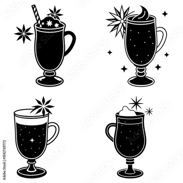 Obraz Four mugs of hot chocolate with stars and steam on transparent background drink beverage