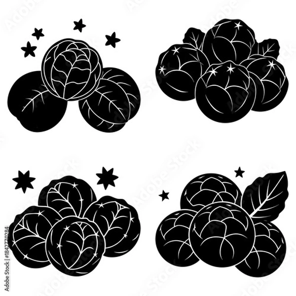 Obraz Black Cabbage Silhouettes with Stars on White Background vegetable leafy
