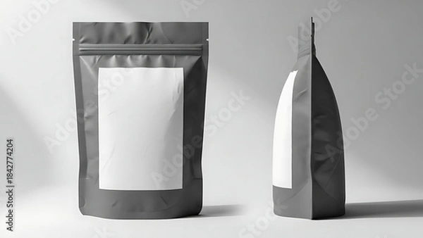 Fototapeta matte finish snack pouch mockup, realistic wrinkled texture, front and side view, bright studio lighting highlighting the matte finish and shape of the packaging--v 6.1 --ar 16:9 --q 2"
