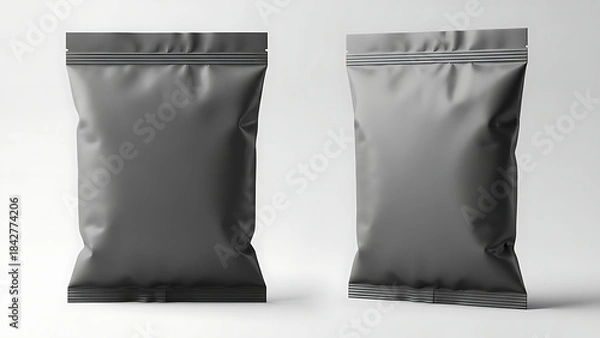 Fototapeta matte finish snack pouch mockup, realistic wrinkled texture, front and side view, bright studio lighting highlighting the matte finish and shape of the packaging--v 6.1 --ar 16:9 --q 2"