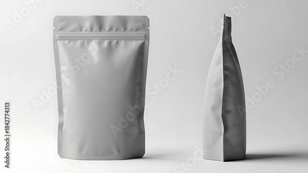 Fototapeta matte finish snack pouch mockup, realistic wrinkled texture, front and side view, bright studio lighting highlighting the matte finish and shape of the packaging--v 6.1 --ar 16:9 --q 2"