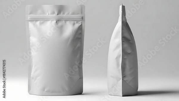 Fototapeta matte finish snack pouch mockup, realistic wrinkled texture, front and side view, bright studio lighting highlighting the matte finish and shape of the packaging--v 6.1 --ar 16:9 --q 2"