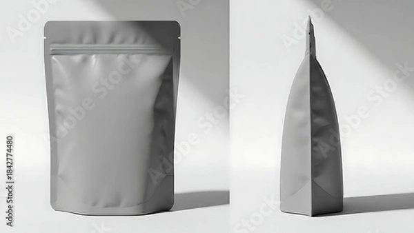 Fototapeta matte finish snack pouch mockup, realistic wrinkled texture, front and side view, bright studio lighting highlighting the matte finish and shape of the packaging--v 6.1 --ar 16:9 --q 2"