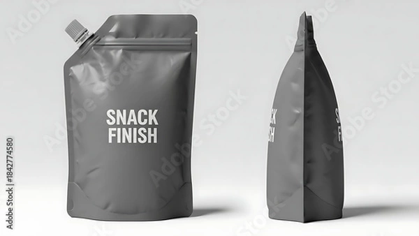 Fototapeta matte finish snack pouch mockup, realistic wrinkled texture, front and side view, bright studio lighting highlighting the matte finish and shape of the packaging--v 6.1 --ar 16:9 --q 2"