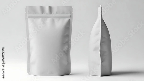 Fototapeta matte finish snack pouch mockup, realistic wrinkled texture, front and side view, bright studio lighting highlighting the matte finish and shape of the packaging--v 6.1 --ar 16:9 --q 2"