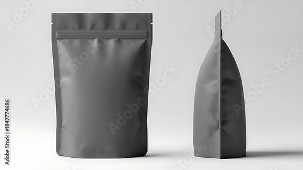Fototapeta matte finish snack pouch mockup, realistic wrinkled texture, front and side view, bright studio lighting highlighting the matte finish and shape of the packaging--v 6.1 --ar 16:9 --q 2"