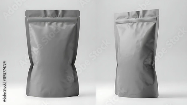 Fototapeta matte finish snack pouch mockup, realistic wrinkled texture, front and side view, bright studio lighting highlighting the matte finish and shape of the packaging--v 6.1 --ar 16:9 --q 2"