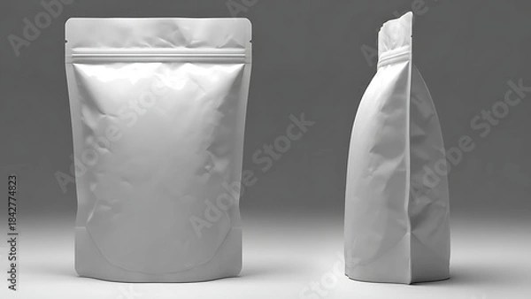 Fototapeta matte finish snack pouch mockup, realistic wrinkled texture, front and side view, bright studio lighting highlighting the matte finish and shape of the packaging--v 6.1 --ar 16:9 --q 2"