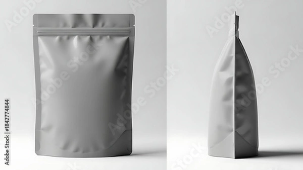 Fototapeta matte finish snack pouch mockup, realistic wrinkled texture, front and side view, bright studio lighting highlighting the matte finish and shape of the packaging--v 6.1 --ar 16:9 --q 2"