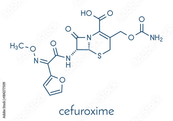 Fototapeta Cefuroxime second generation cephalosporin antibiotic molecule. Skeletal formula.