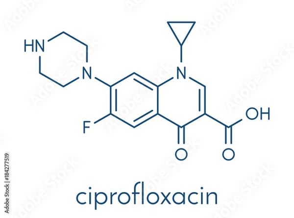 Obraz Ciprofloxacin antibiotic drug (fluoroquinolone class) molecule. Skeletal formula.