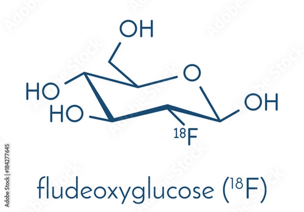 Fototapeta Fludeoxyglucose 18F (fluorodeoxyglucose 18F, FDG) cancer imaging diagnostic drug molecule. Contains radioactive isotope fluorine-18. Skeletal formula.