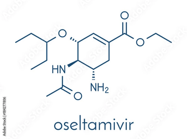 Fototapeta Cząsteczka leku wirusa grypy oseltamiwiru. Formuła szkieletowa.