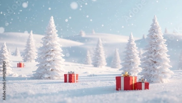 Fototapeta Magical winter landscape with red Christmas gifts, gold baubles, and snowy fir trees. Festive holiday background with falling soft snow.