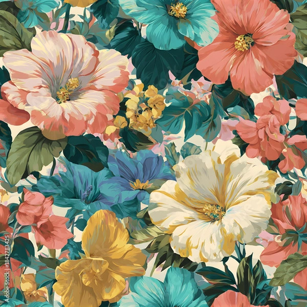 Obraz Colorful seamless tropical floral pattern with large blossoms and lush leaves – bold botanical design for summer textiles and fashion prints