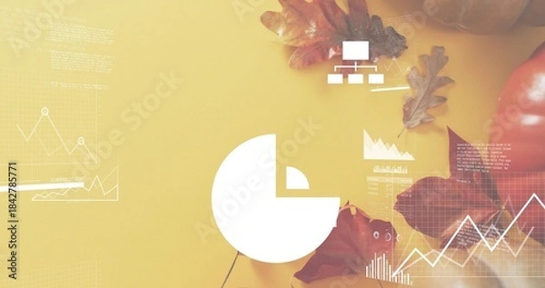 Obraz Displaying white pie-chart centered on mustard tabletop, showing line graphs, oak leaves, pumpkin