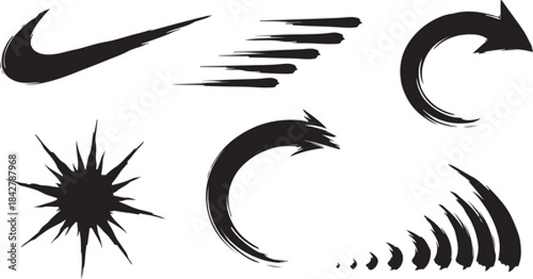 Fototapeta Dynamic Brush Stroke Motion Elements — Abstract Swoosh, Speed Lines, Arrows and Energy Burst Shapes for Modern Graphic Design and Branding