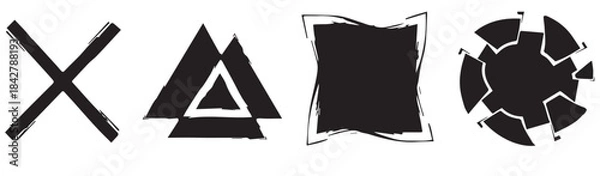 Fototapeta Abstract Brush-Stroke Geometric Shape Set — Hand-Drawn X, Triangle, Square and Circular Splash Icons for Modern Graphic Design and Artistic Branding