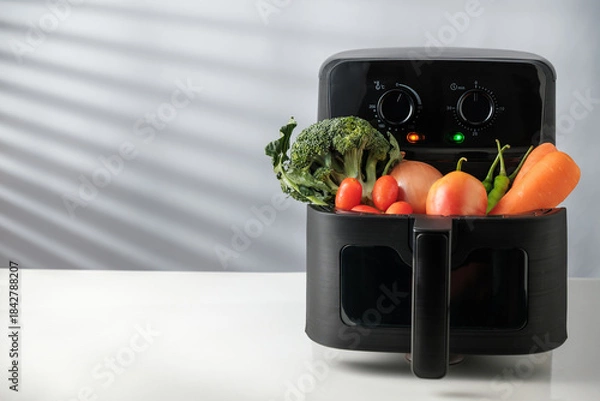 Fototapeta Fresh Vegetables in Air Fryer Basket with copy space for text.