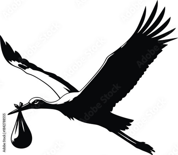 Obraz Stork With Baby Bundle in Flight – Black Vector