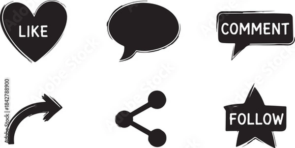 Fototapeta Social Media Icon Set – Black Brush-Style Like, Comment, Follow, Share & Message Symbols