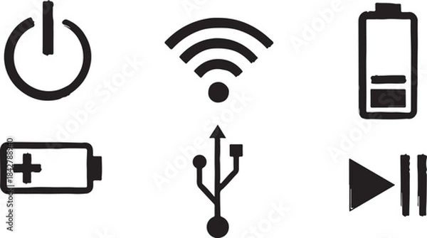Fototapeta Essential Digital Interface Icons for Power, Connectivity, Charging, and Media Control