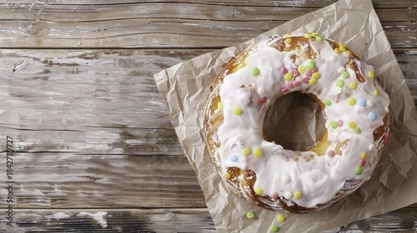 Obraz A frosted bundt cake with colorful sprinkles on parchment paper atop a wooden surface