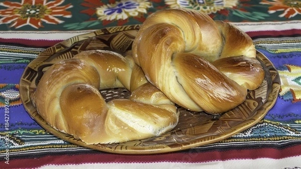 Obraz Golden braided bread loaves on a decorative plate atop a colorful patterned tablecloth