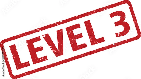 Fototapeta Distressed Red Level 3 Stamp on White Background, Rectangular Shape, Angled Perspective