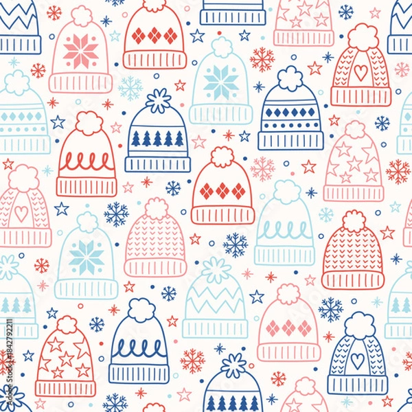 Obraz Colourful hand drawn winter hat background. Christmas seamless texture. Vector illustration