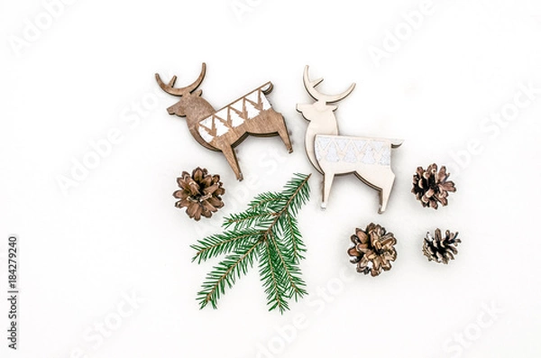 Fototapeta New Year's unusual composition. Christmas background for a presentation of work or text. Beautiful greeting card. Top view. Copy space