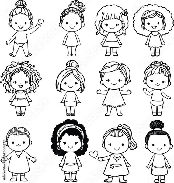 Obraz Monochrome Vector Illustration of Cartoon Girls Depicted in Minimalist Style Featuring Unique Hairstyles, Outfits, and Gestures to Represent Childhood Joy, Individuality, and Educational Character 
