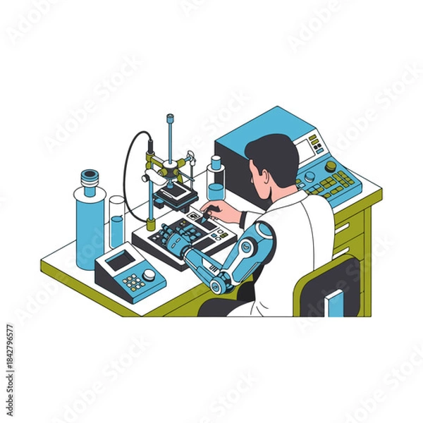 Obraz Scientist Working in Laboratory with Microscope Equipment.