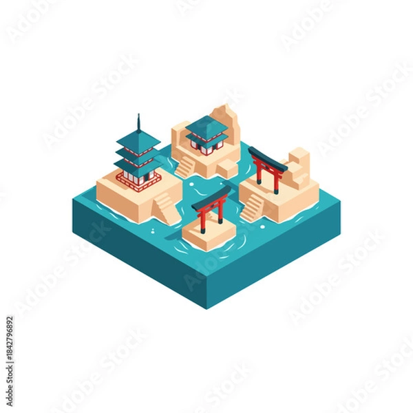 Obraz Isometric temple island complex with pagodas and torii gate.