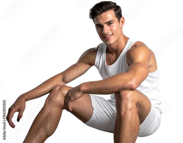 Obraz Stylish Young Man Sitting on Bench in Bright Studio