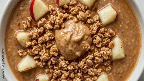 Fototapeta Image of a bowl with apple slices, granola, and peanut butter, showcasing a healthy breakfast or snack option.