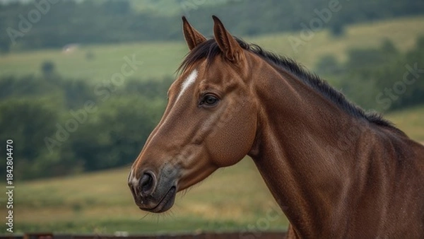 Obraz A horse's head in profile with a natural green landscape background.