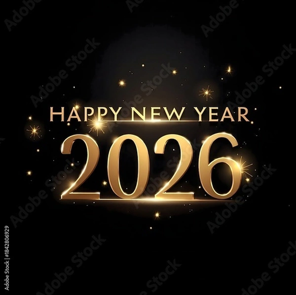 Fototapeta Happy New Year 2026 in Luxurious Golden 3D Text with Sparkle Flare Effects on a Dark Black Background for a Premium Holiday Invitation