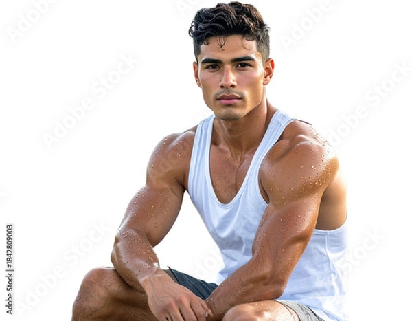 Obraz Young Man Sitting with Elbows on Knees, Casual Expression