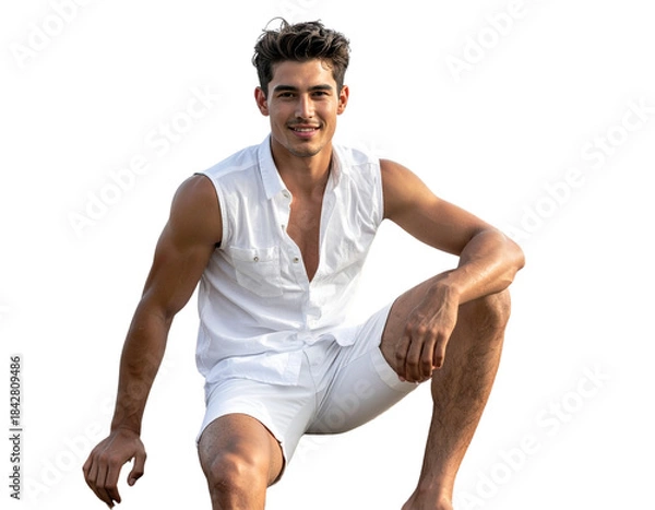 Obraz Young Man Sitting with Hands Folded Comfortably