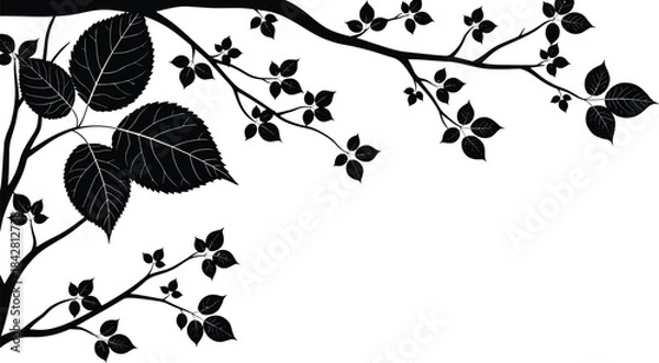 Obraz Black and White Corner Tree Branch and Leaf Silhouette Vector Illustration, Nature Decorative Element, Abstract Floral Design for Print, Web, or Wallpaper Background