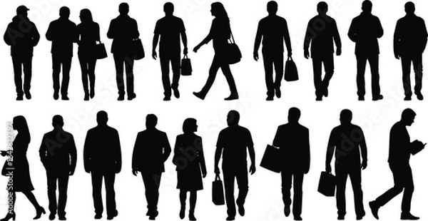 Obraz Black silhouette vector illustration of a diverse group of people walking, standing, and shopping with bags, 