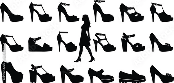 Obraz Black Silhouette Vector Illustration of Fashionable Women's High Heel Shoes, Sandals, and Platforms with a Stylized Lady Walking in the Center, Ideal for Catalog and Design Projects