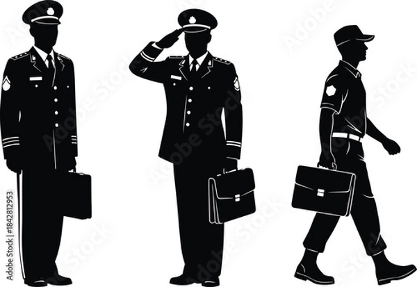 Obraz Black Silhouette Vector Illustration of Military or Police Officers in Formal Uniforms with Briefcases, Saluting, Standing, and Walking, Representing Law Enforcement and Security Forces