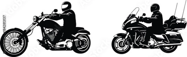 Obraz Classic Chopper and Modern Touring Motorcycle Vector Silhouettes, Motorbike Rider with Helmet, Black and White Graphic Illustration for Custom Biker Club Design, Isolated on White BackgroundClassic 