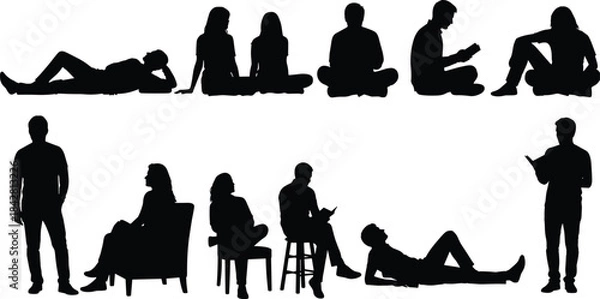 Obraz Diverse collection of human silhouettes reading books, relaxing, sitting, standing, and lying down, representing different people, ages, and genders, for vector illustration and stock content.