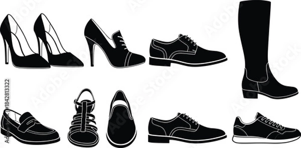 Obraz Collection of various men's and women's footwear silhouettes, including high heels, oxford shoes, sneakers, sandals, loafers, and boots, isolated vector illustration on white background
