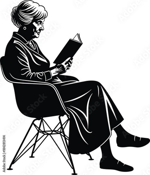 Obraz Elderly woman reading a book or novel while comfortably sitting in a modern chair, enjoying quiet senior lifestyle moments, black and white vector illustration.